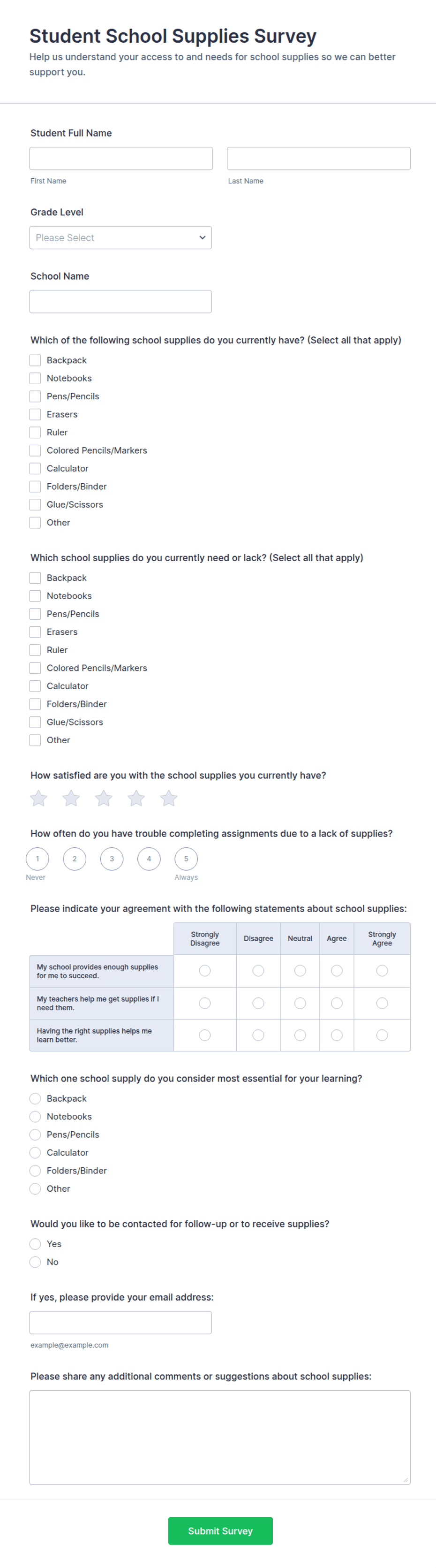 Student School Supplies Survey Form Template | Jotform