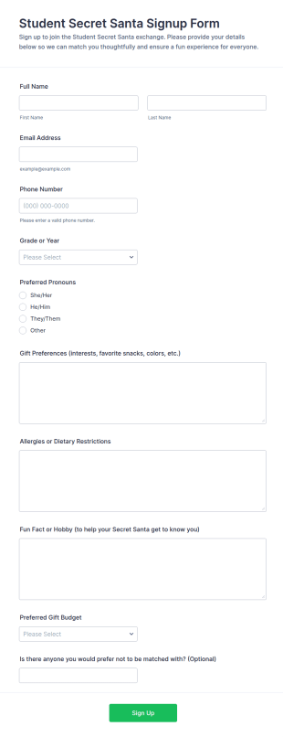Student Secret Santa Signup Form Template
