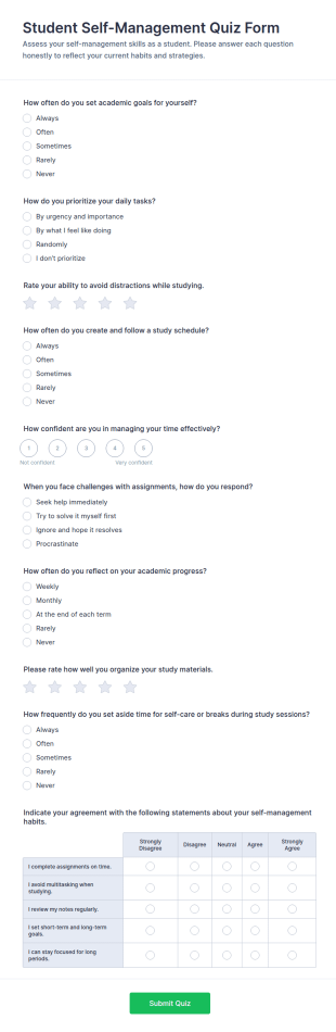 Student Self Management Quiz Form Template