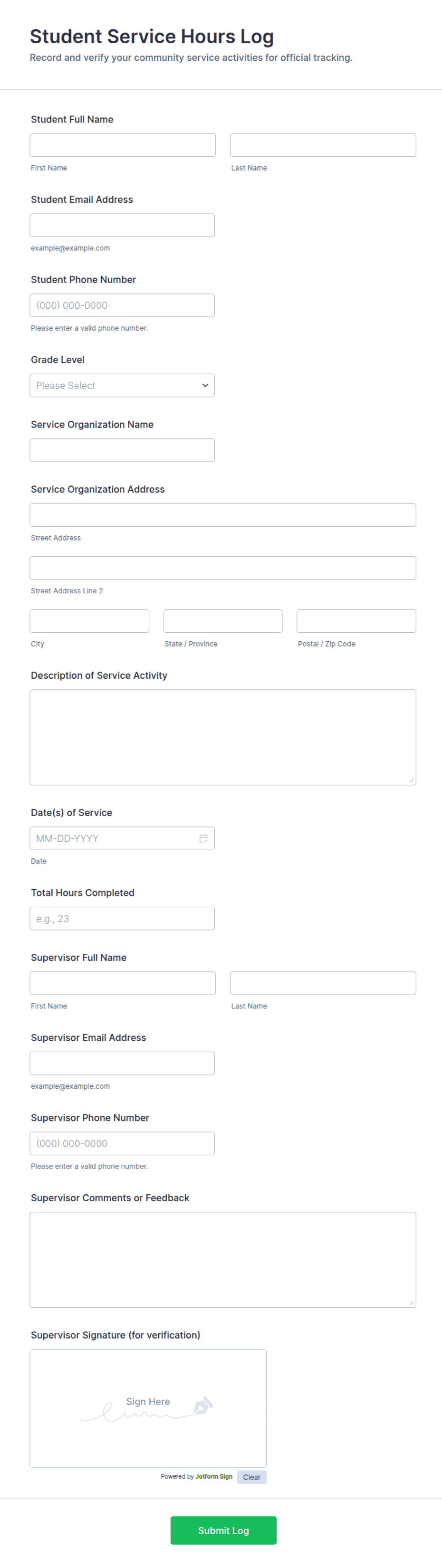 Student Service Hours Log Form Template | Jotform