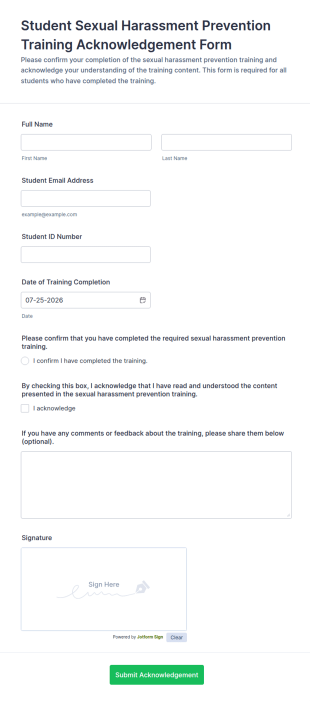 Student Sexual Harassment Prevention Training Acknowledgement Form Template