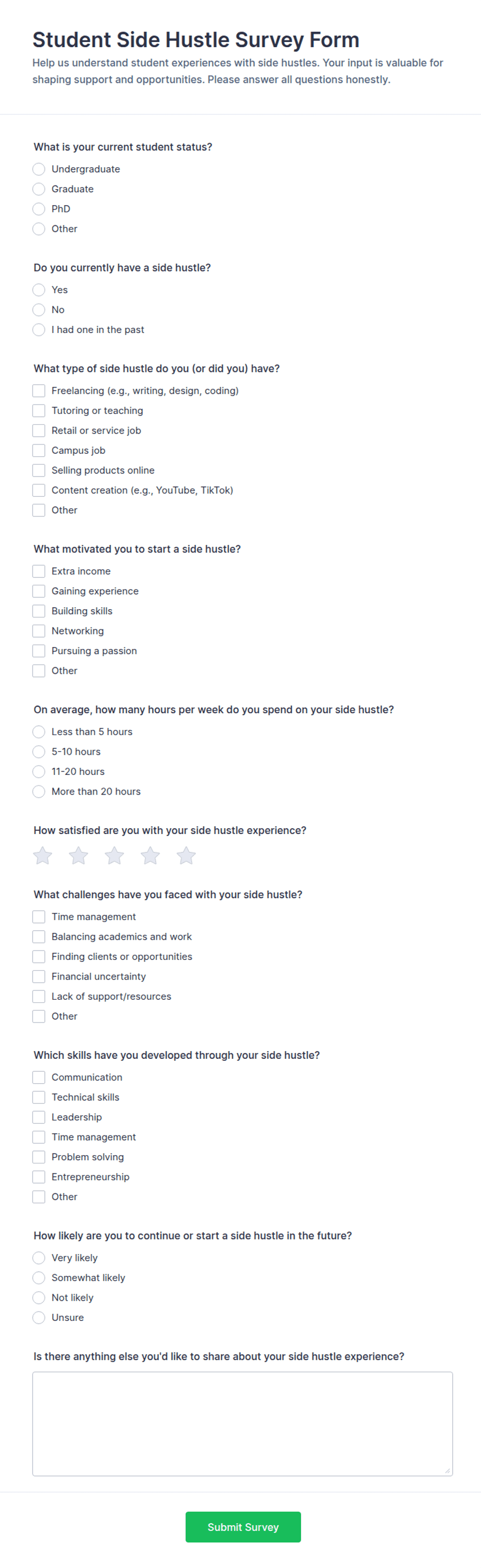 Student Side Hustle Survey Form Template | Jotform