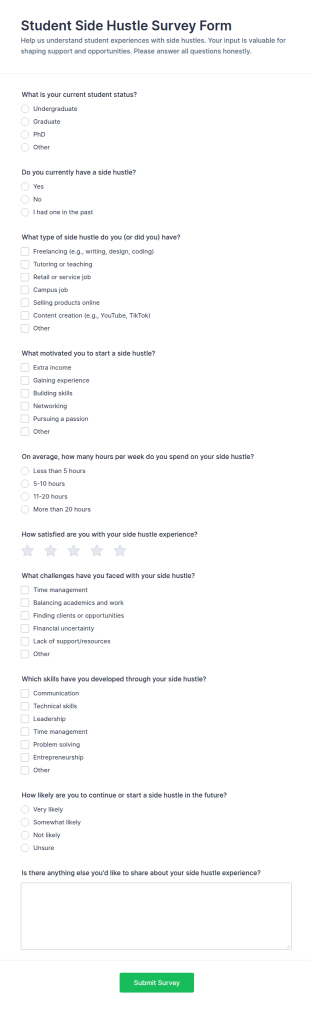 Student Side Hustle Survey Form Template