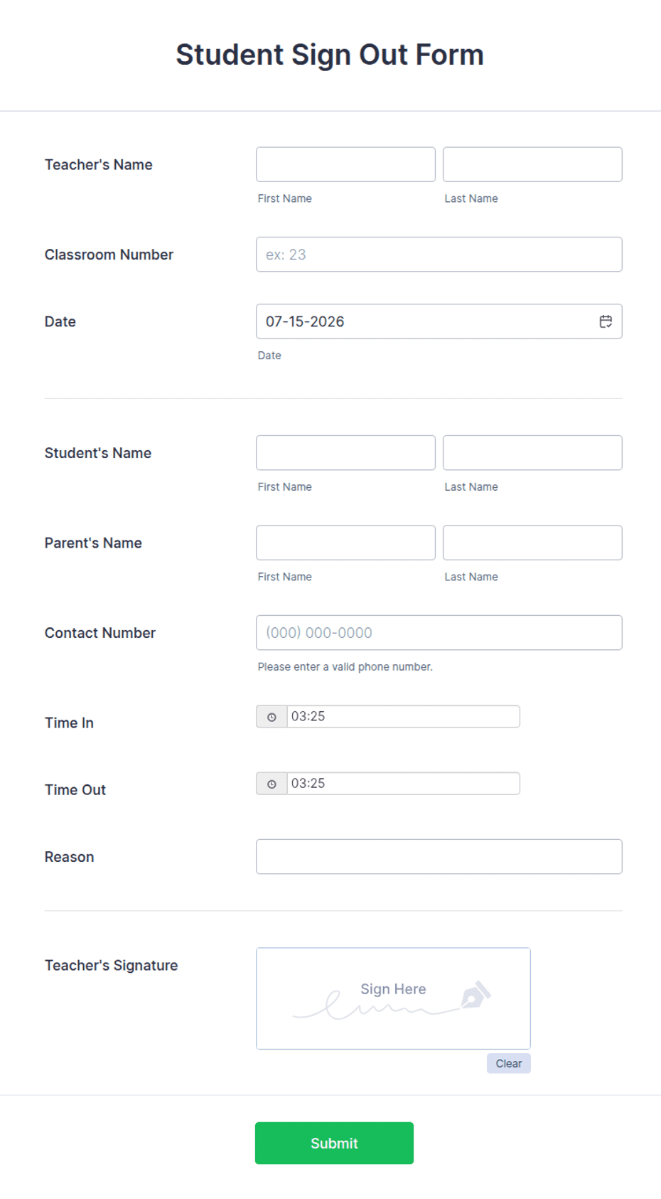Student Log Out Student Sign Out Form Template | Jotform