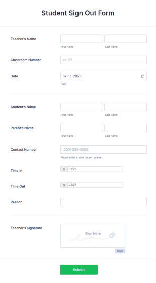 Student Sign Out Form Template