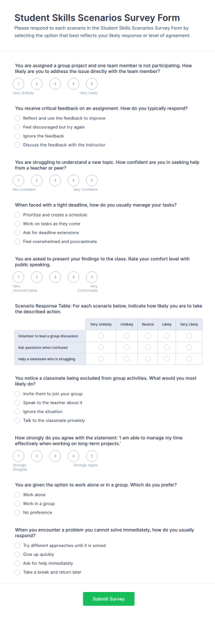 Student Skills Scenarios Survey Form Template