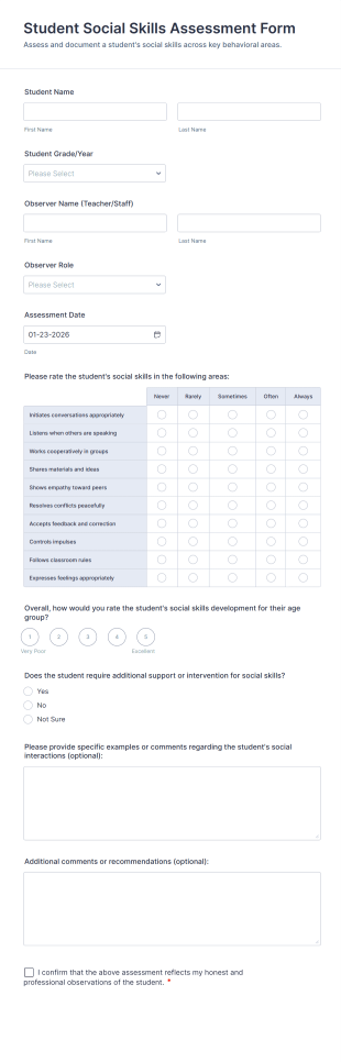 Student Social Skills Assessment Form Template
