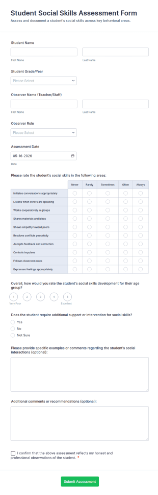 Student Social Skills Assessment Form Template