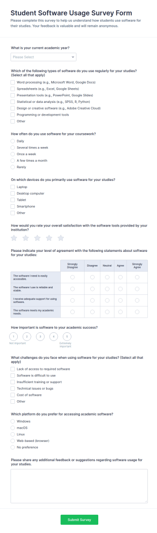 Student Software Usage Survey Form Template