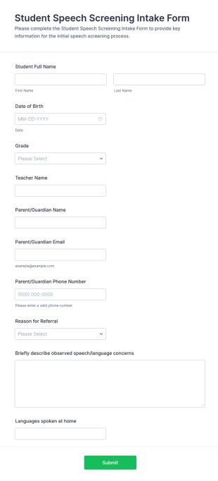 Student Speech Screening Intake Form Template