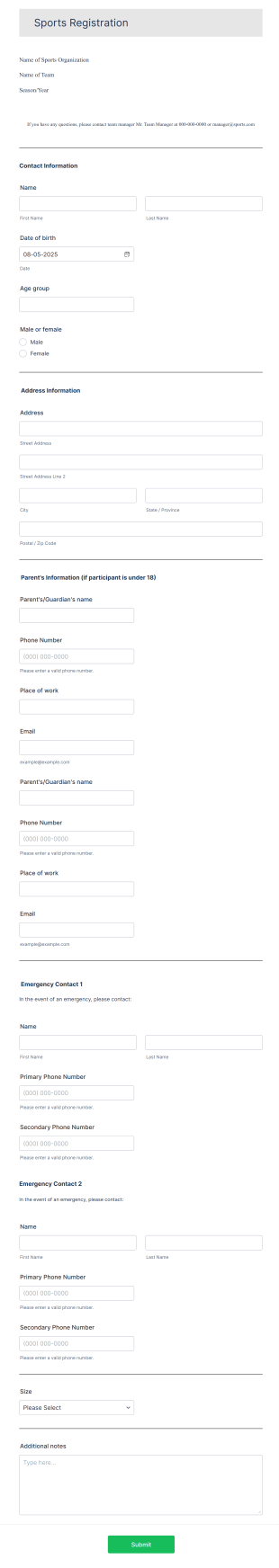 Student Sports Registration Form Template
