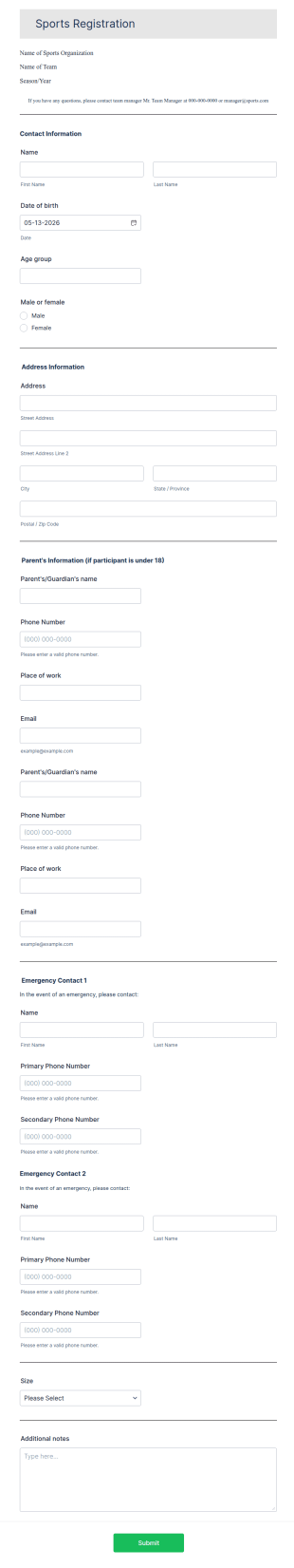 Student Sports Registration Form Template