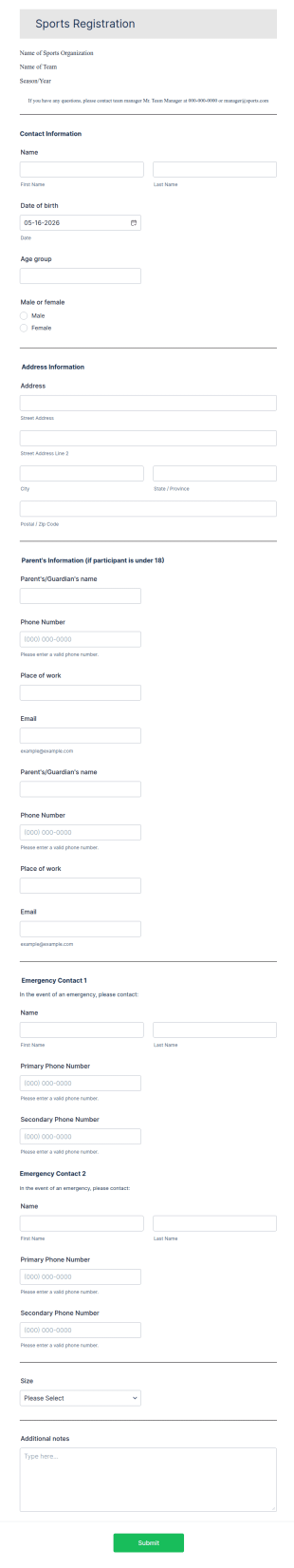 Student Sports Registration Form Template