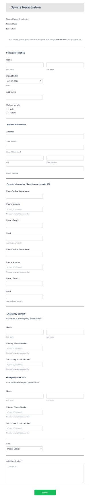 Student Sports Registration Form Template