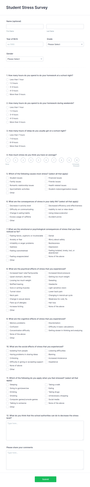 Student Stress Survey Form Template