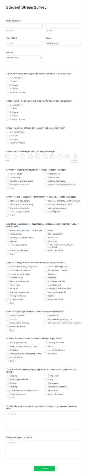 Student Stress Survey Form Template