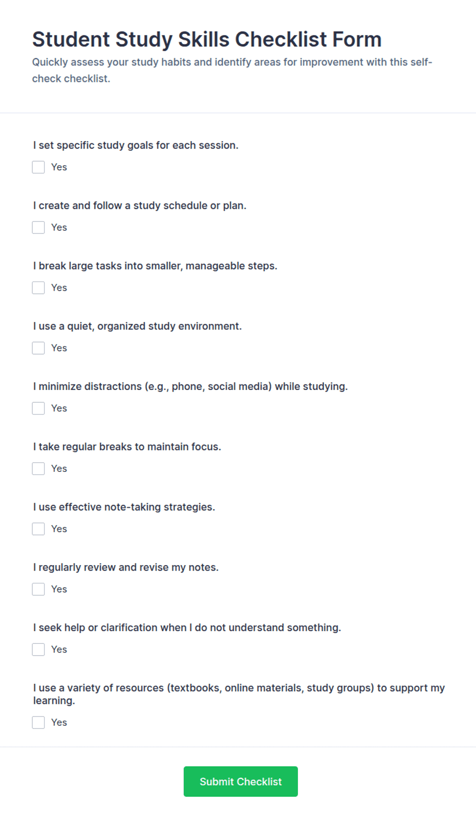 Student Study Skills Checklist Form Template | Jotform