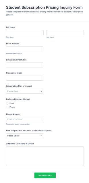 Student Subscription Pricing Inquiry Form Template