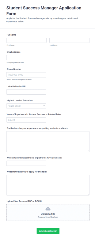 Student Success Manager Application Form Template
