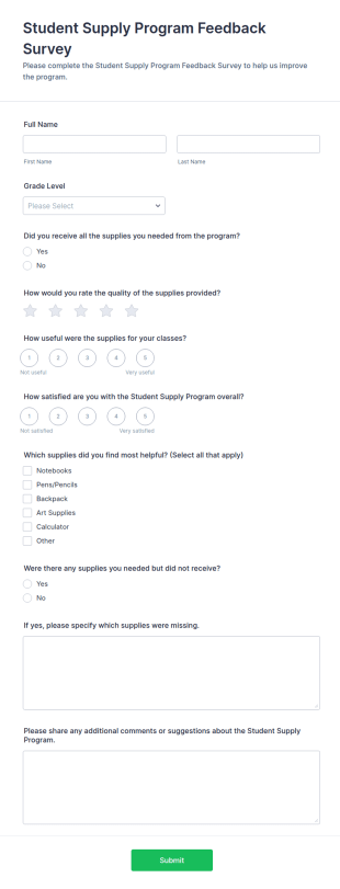 Student Supply Program Feedback Form Template