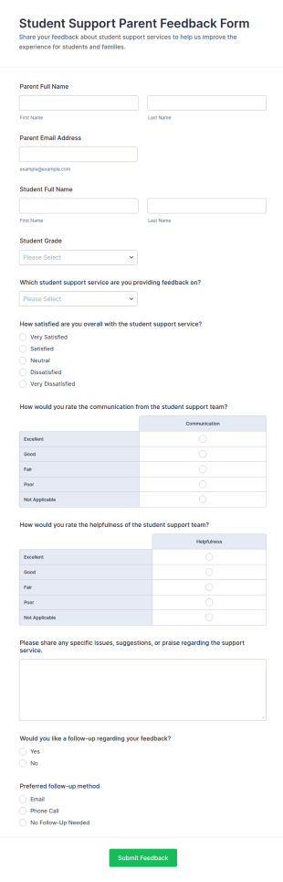 Student Support Parent Feedback Form Template