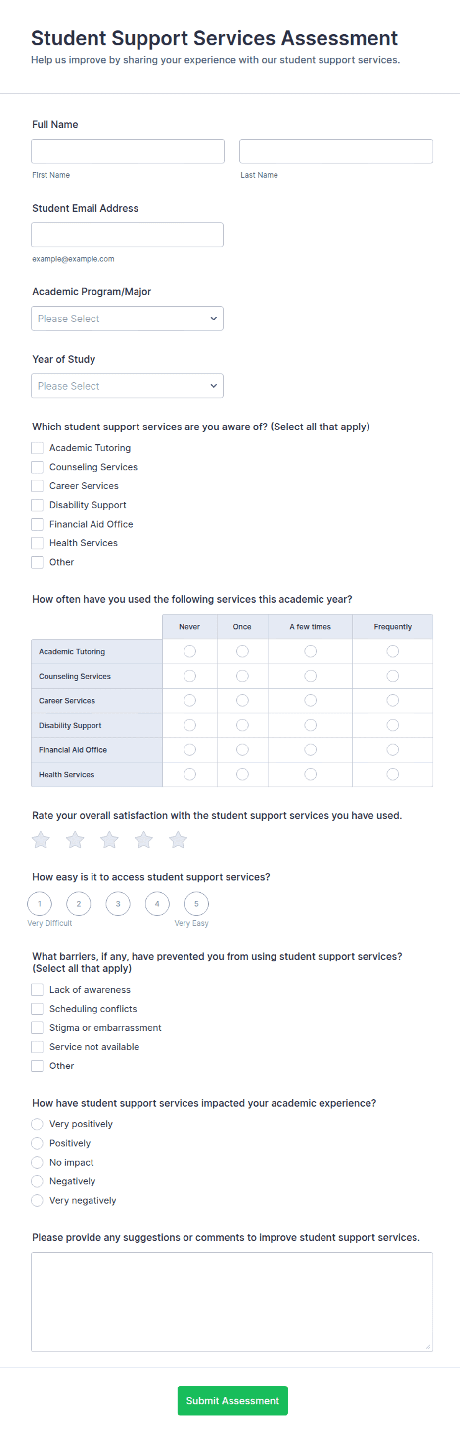 Student Support Services Assessment Form Template | Jotform