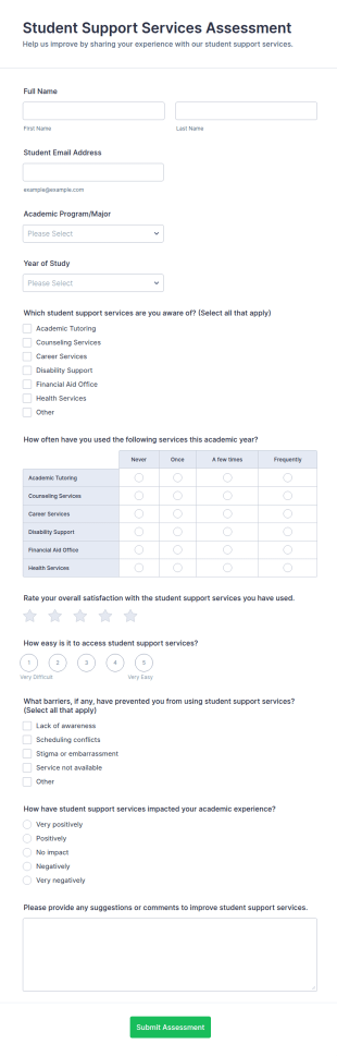 Student Support Services Assessment Form Template