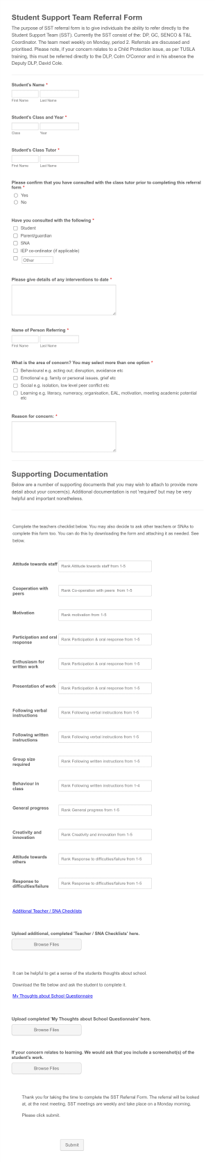 Student Support Team Referral Form Template