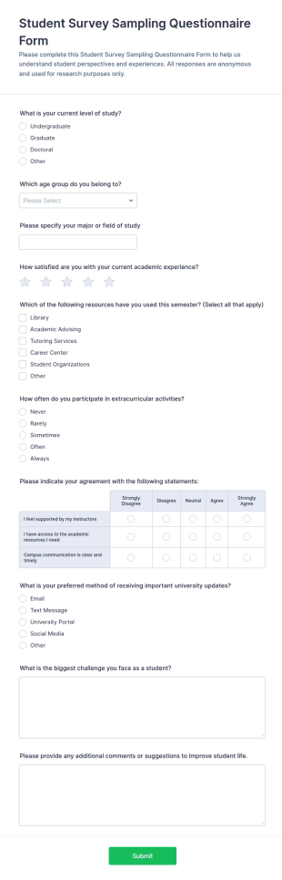 Student Survey Sampling Questionnaire Form Template