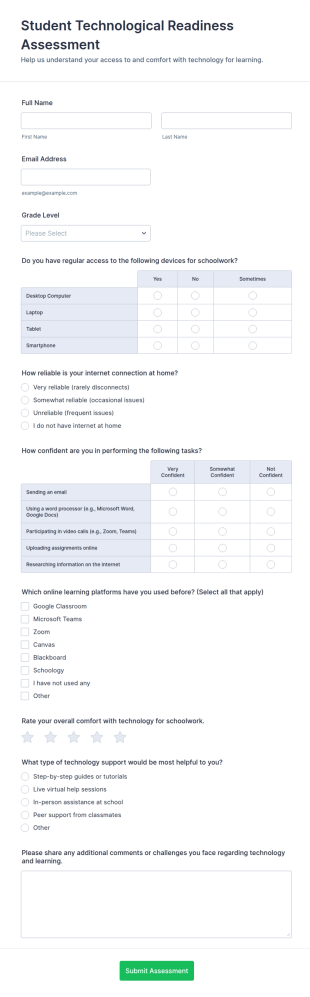 Student Technological Readiness Assessment Form Template