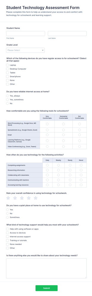 Student Technology Assessment Form Template