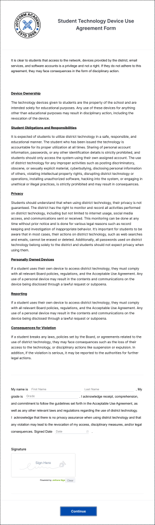 Student Technology Device Use Agreement Form Template