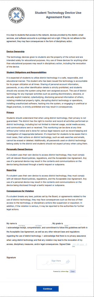 Student Technology Device Use Agreement Form Template