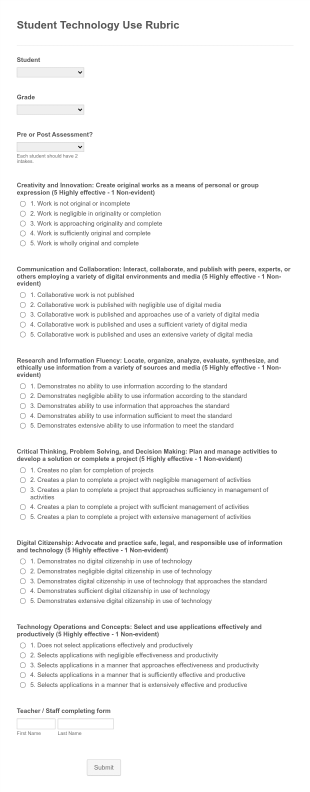 Student Technology Use Rubric Form Template