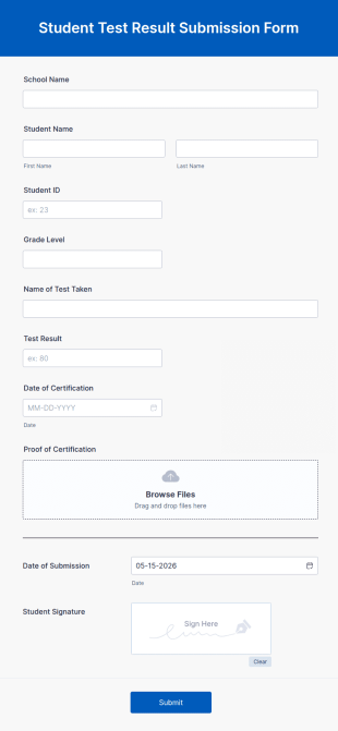 Student Test Result Submission Form Template