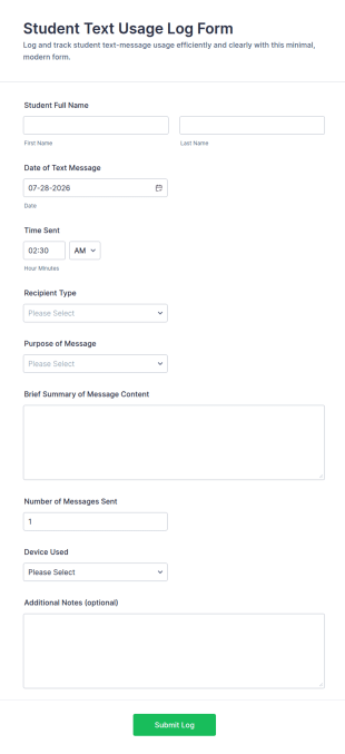 Student Text Usage Log Form Template