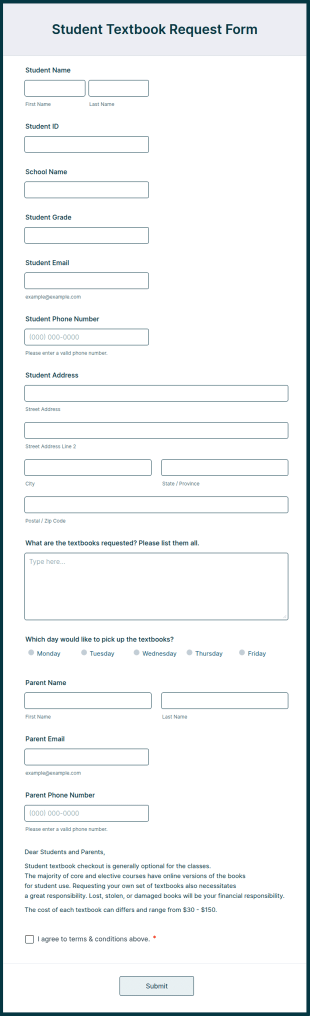 Student Textbook Request Form Template