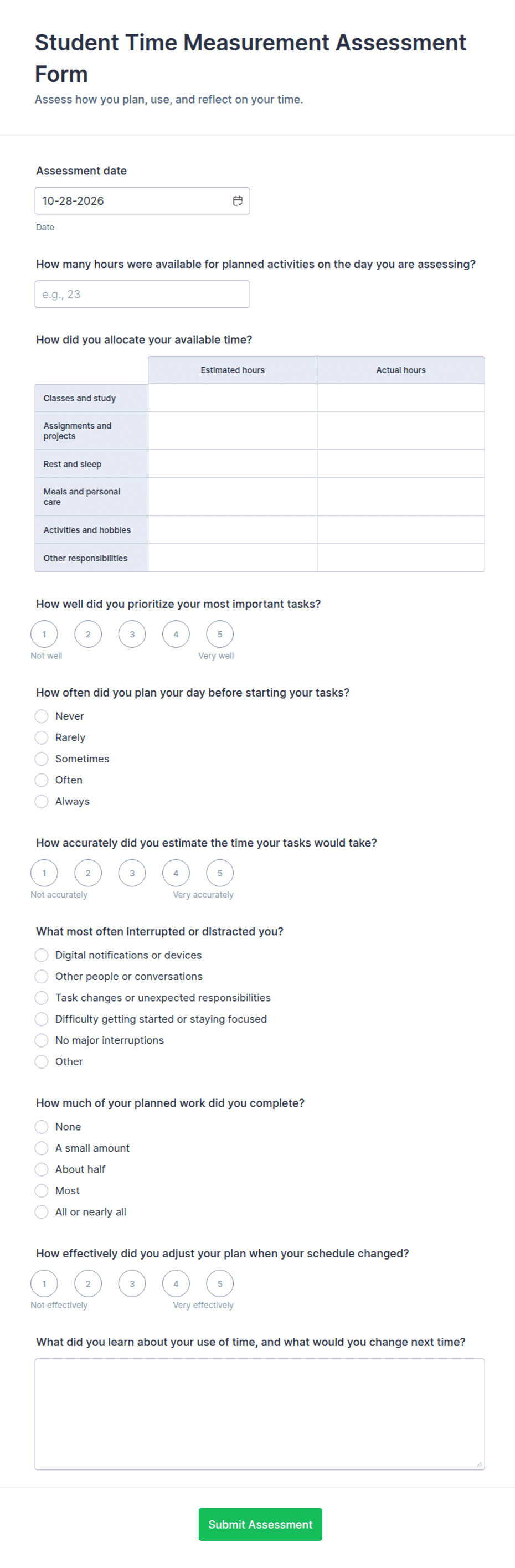 Time Study Observation Sheet Example Student Time Measurement Assessment Form Template | Jotform