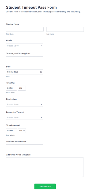 Student Timeout Pass Form Template