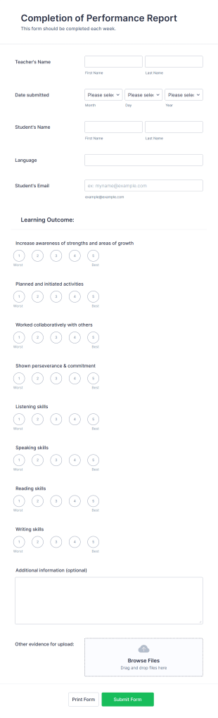 Student Tracking Progress Form Template