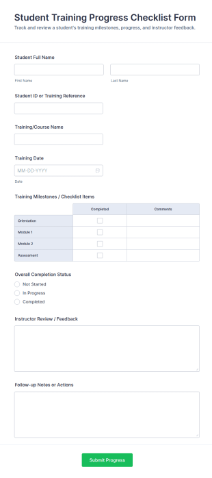 Student Training Progress Checklist Form Template