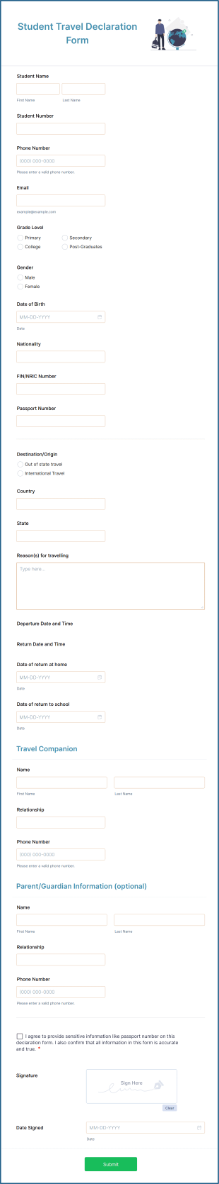 Student Travel Declaration Form Template