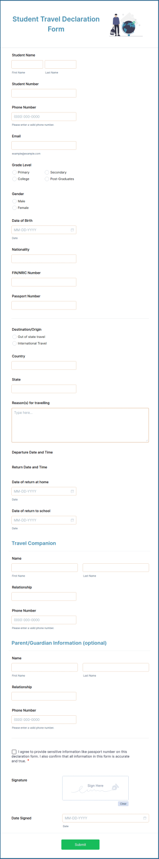 Student Travel Declaration Form Template