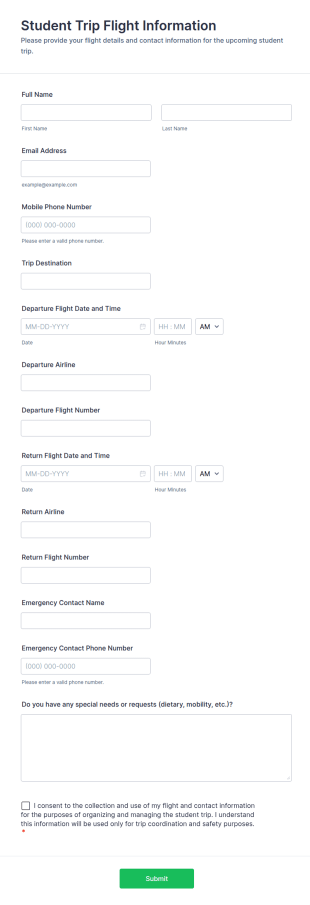 Student Trip Flight Information Form Template