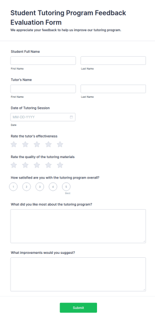 Student Tutoring Program Feedback Evaluation Form Template