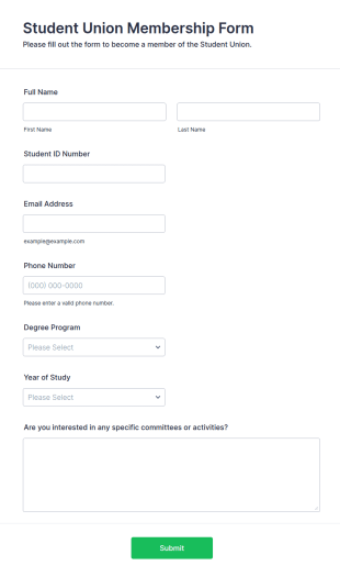 Student Union Membership Form Template