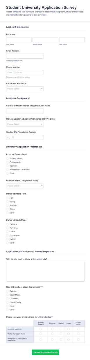 Student University Application Survey Form Template