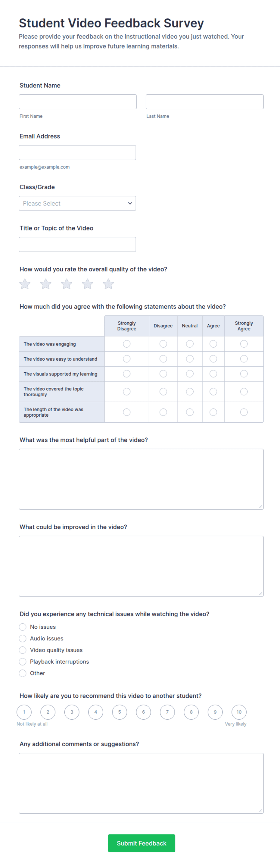 Student Video Feedback Survey Form Template Jotform