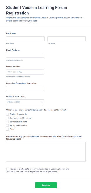 Student Voice In Learning Forum Registration Form Template