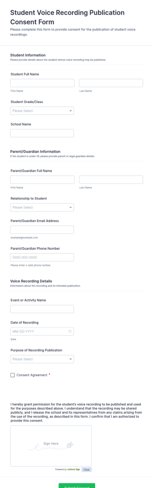 Student Voice Recording Publication Consent Form Template